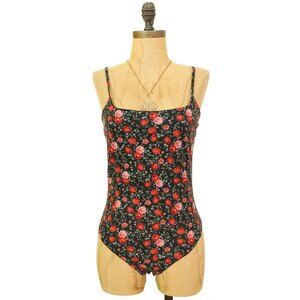Nasty Gal Bodysuit Size 2 Sleeveless Rose Print Knit Floral Black Red EUC  B84